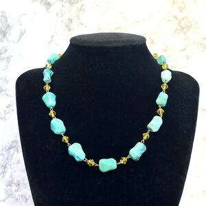 Vintage Liz Palacios S.F. Turquoise Bead & Amber Crystal Bead Chain Necklace